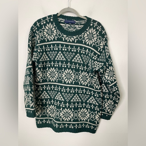 Abercrombie fitch 1892 VTG 100% Wool Forest Green Snow Flake Pullover Sz S